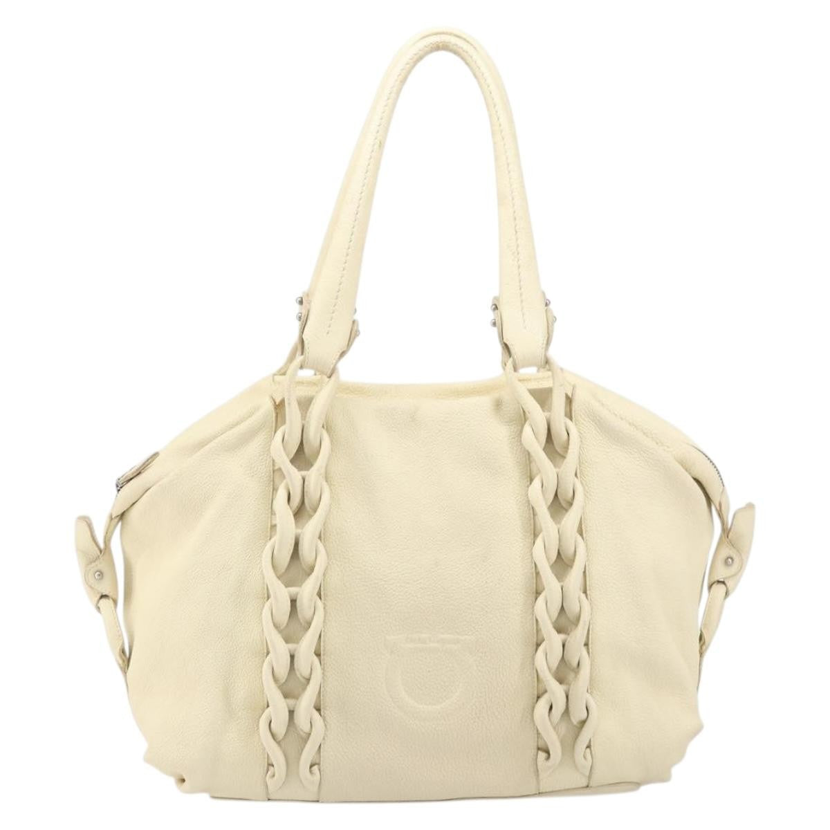 Salvatore Ferragamo Gancini Tote Leather Beige Leather Tote Bag Bag (Authentic Pre-Loved)
