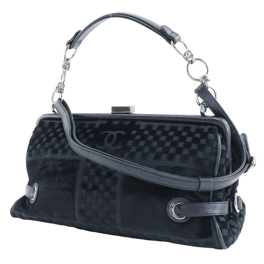 Chanel Vintage Cc Side Belted Bowler Bag Check Embossed Velvet Black Velvet Shoulder Bag Bag (Pre-Loved)