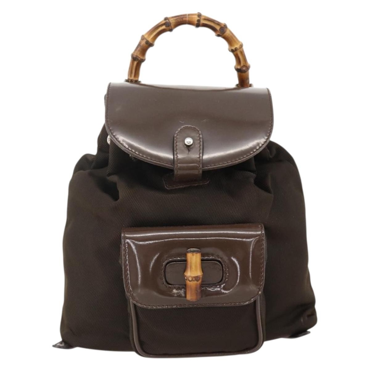 Gucci Vintage Bamboo Backpack Nylon And Patent Leather Brown Nylon Backpack Bag (Authentic Pre-Loved)
