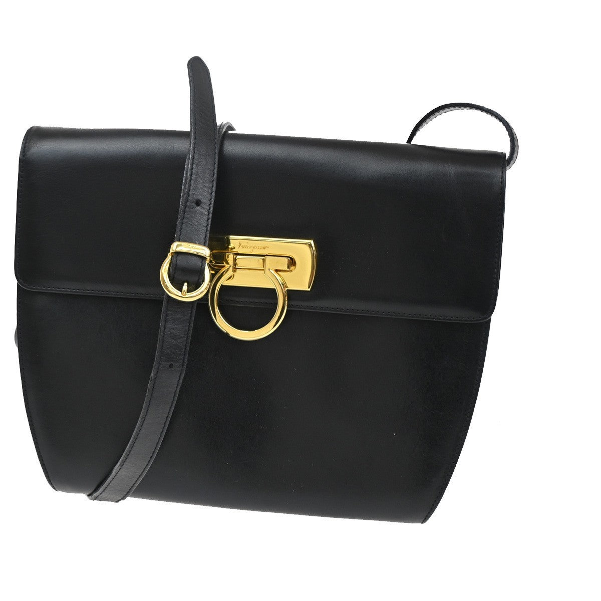 Salvatore Ferragamo Gancini Shoulder Bag Leather Black Leather Shoulder Bag Bag (Pre-Loved)