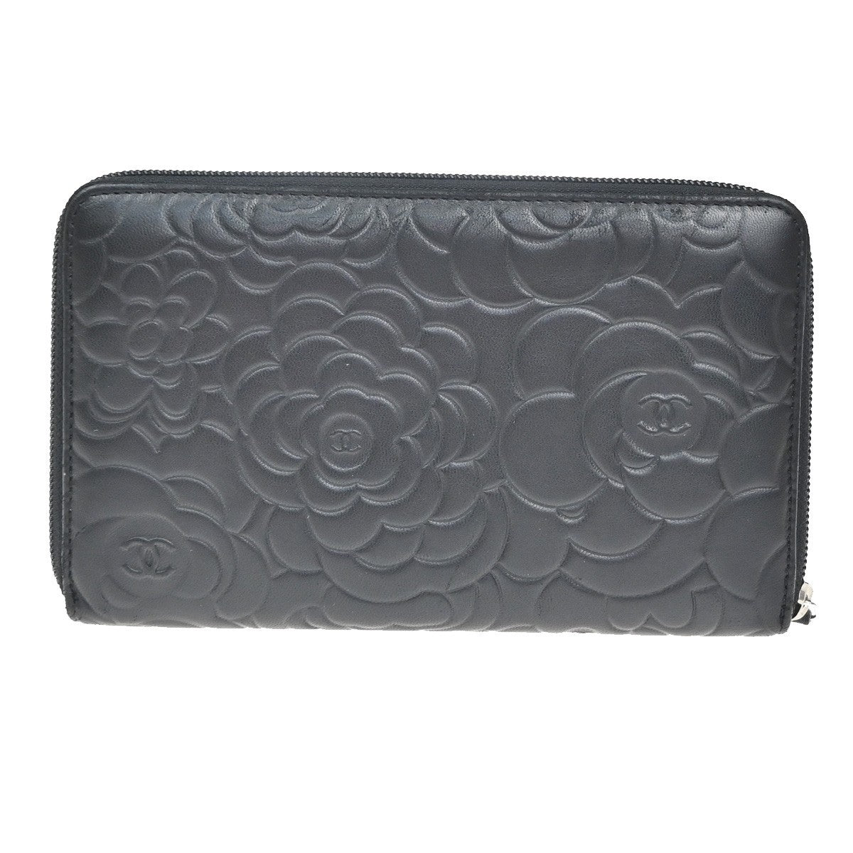 Chanel Camellia Zip Around Organizer Leather Black Leather Wallets Accessory (Authentic Pre-Loved)