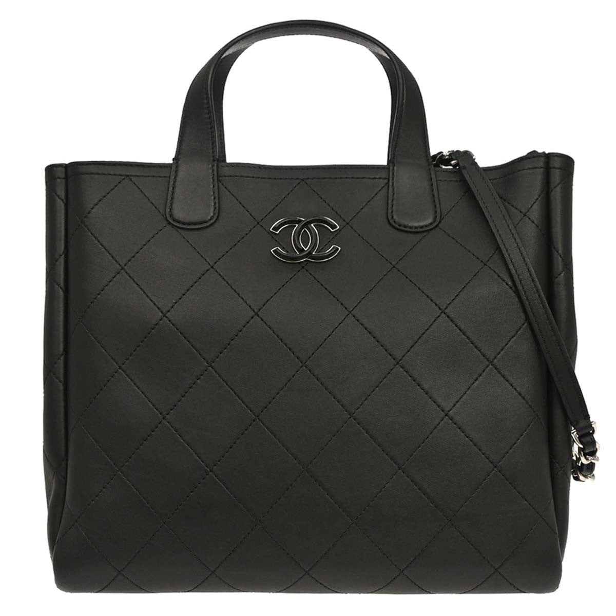 Chanel Covered Cc Shopping Tote Stitched Calfskin Black Leather Tote Bag Bag (Pre-Loved)