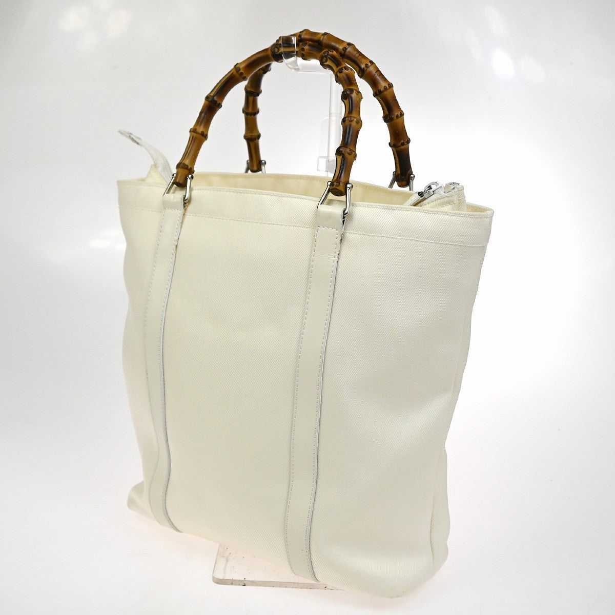 Gucci Gucci Convertible Bamboo Zip Tote Nylon White Nylon Tote Bag Bag (Pre-Loved)