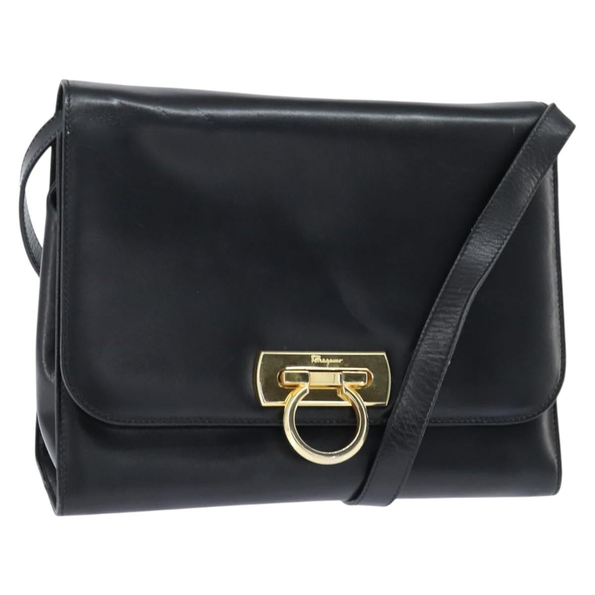 Salvatore Ferragamo Gancini Flap Shoulder Bag Leather Black Leather Shoulder Bag Bag (Authentic Pre-Loved)