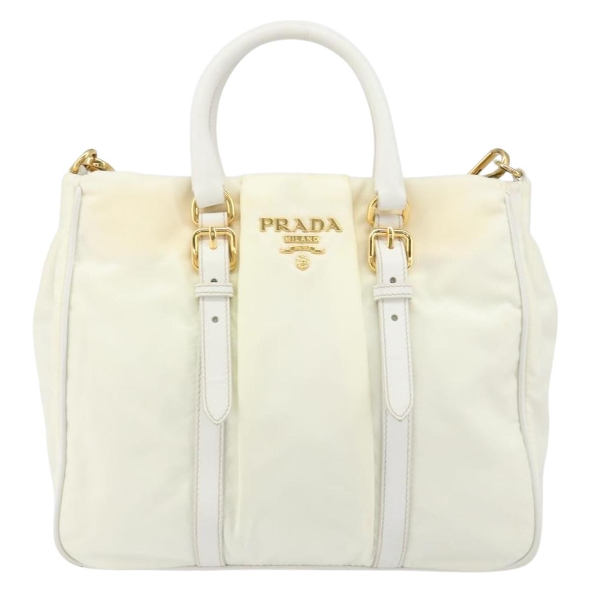 Prada Vintage Tote Tessuto With Leather White Nylon Tote Bag Bag (Authentic Pre-Loved)