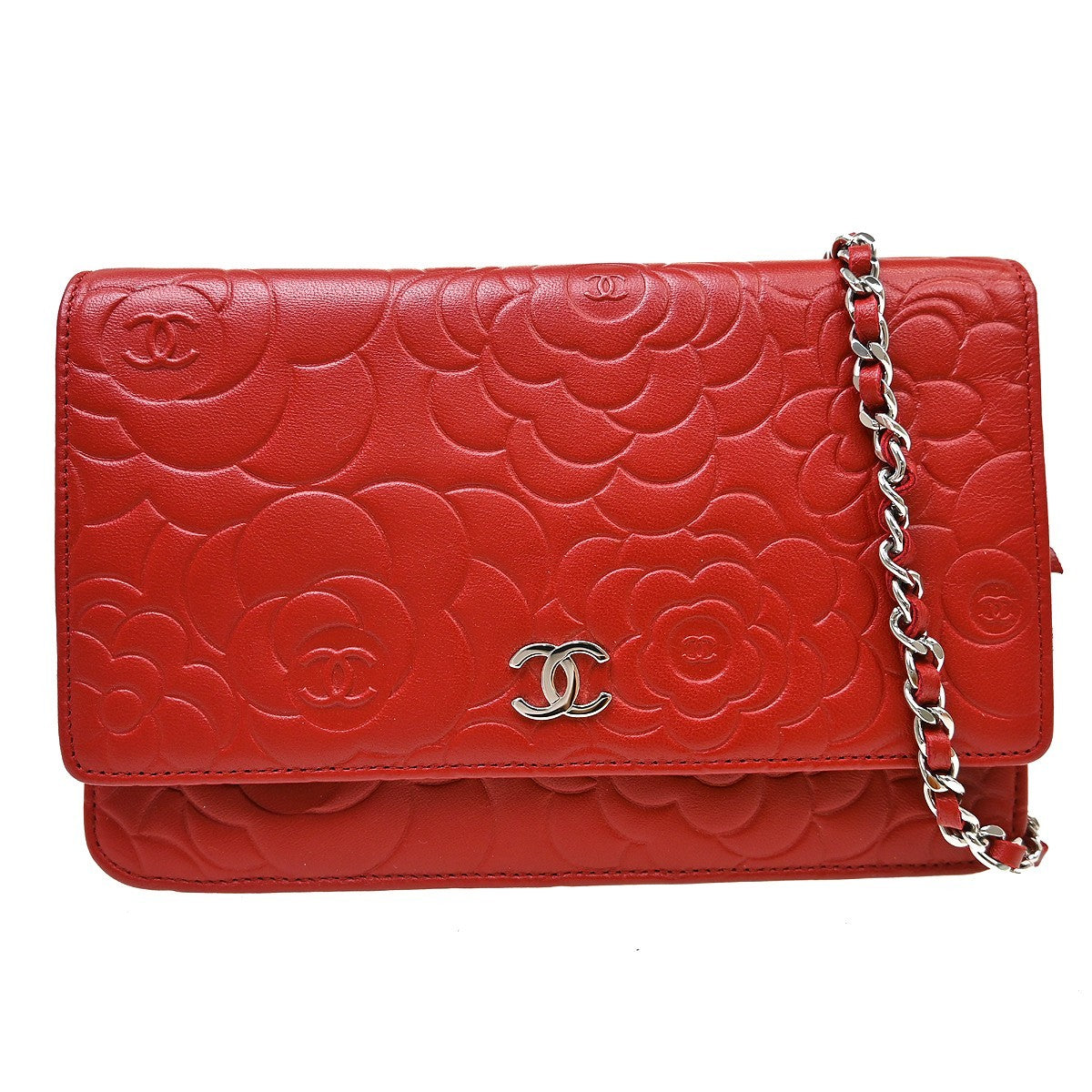 Chanel Chanel Wallet On Chain Camellia Lambskin Red Leather Clutche & Pouche Bag (Pre-Loved)