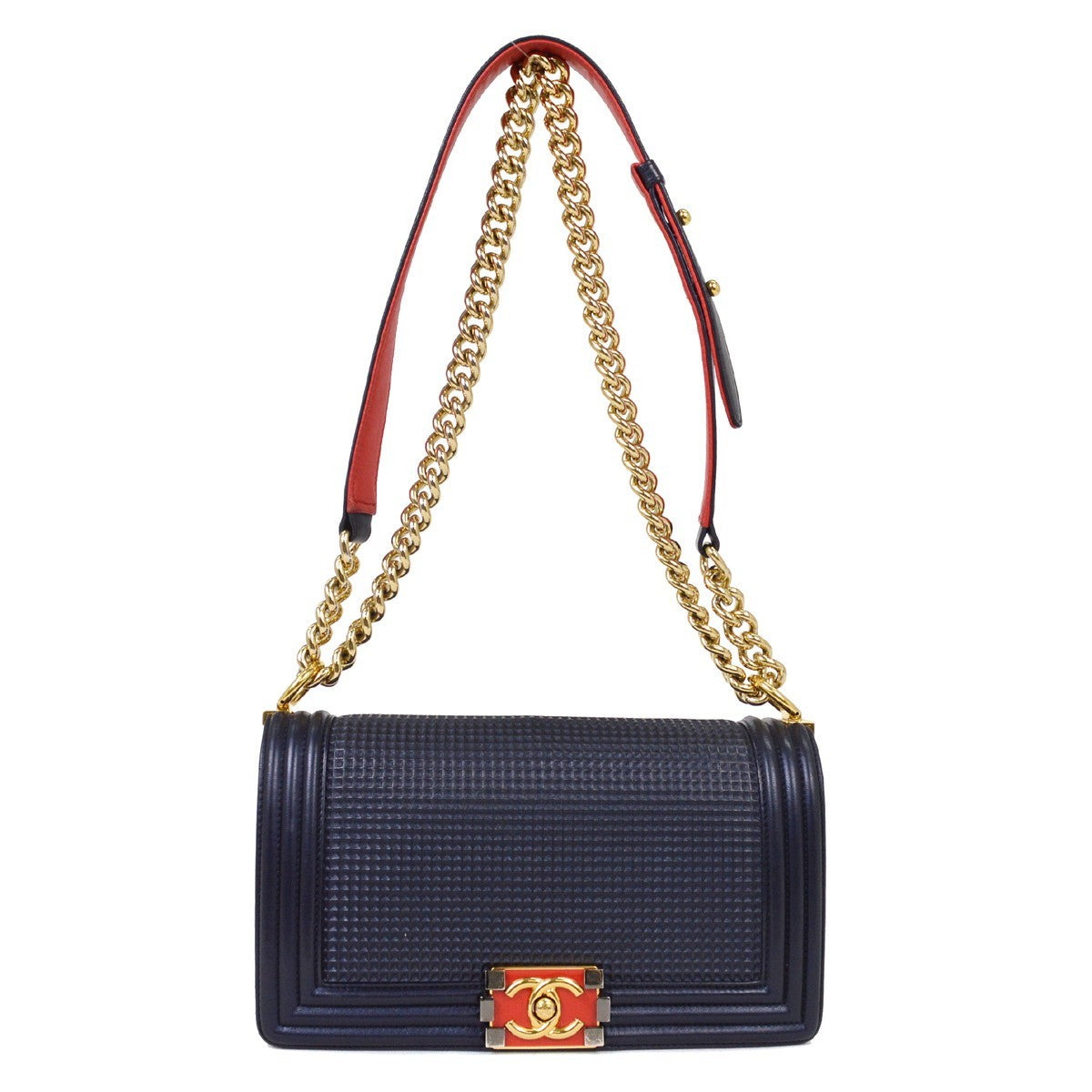 Chanel Boy Flap Bag Cube Embossed Lambskin Navy Leather Shoulder Bag Bag (Authentic Pre-Loved)