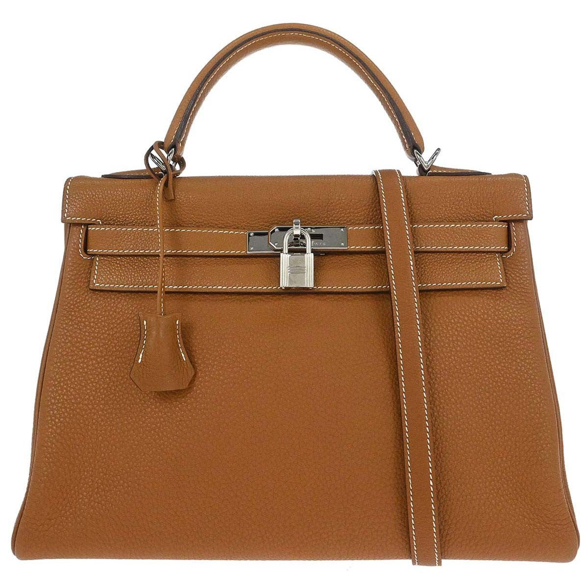 Hermes Kelly Handbag Brown Togo With Palladium Hardware Gold Leather Handbag (Pre-Loved)