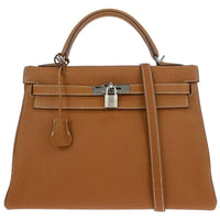 Hermes Kelly Handbag Brown Togo With Palladium Hardware Gold Leather Handbag (Pre-Loved)
