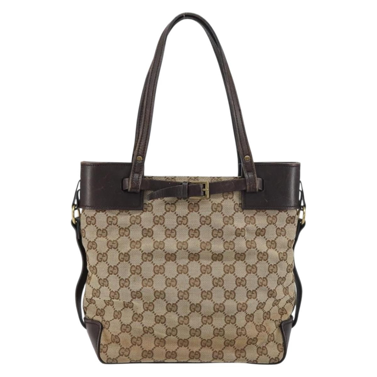 Gucci Belted Bucket Tote Gg Canvas With Leather Beige Canvas Tote Bag Bag (Authentic Pre-Loved)