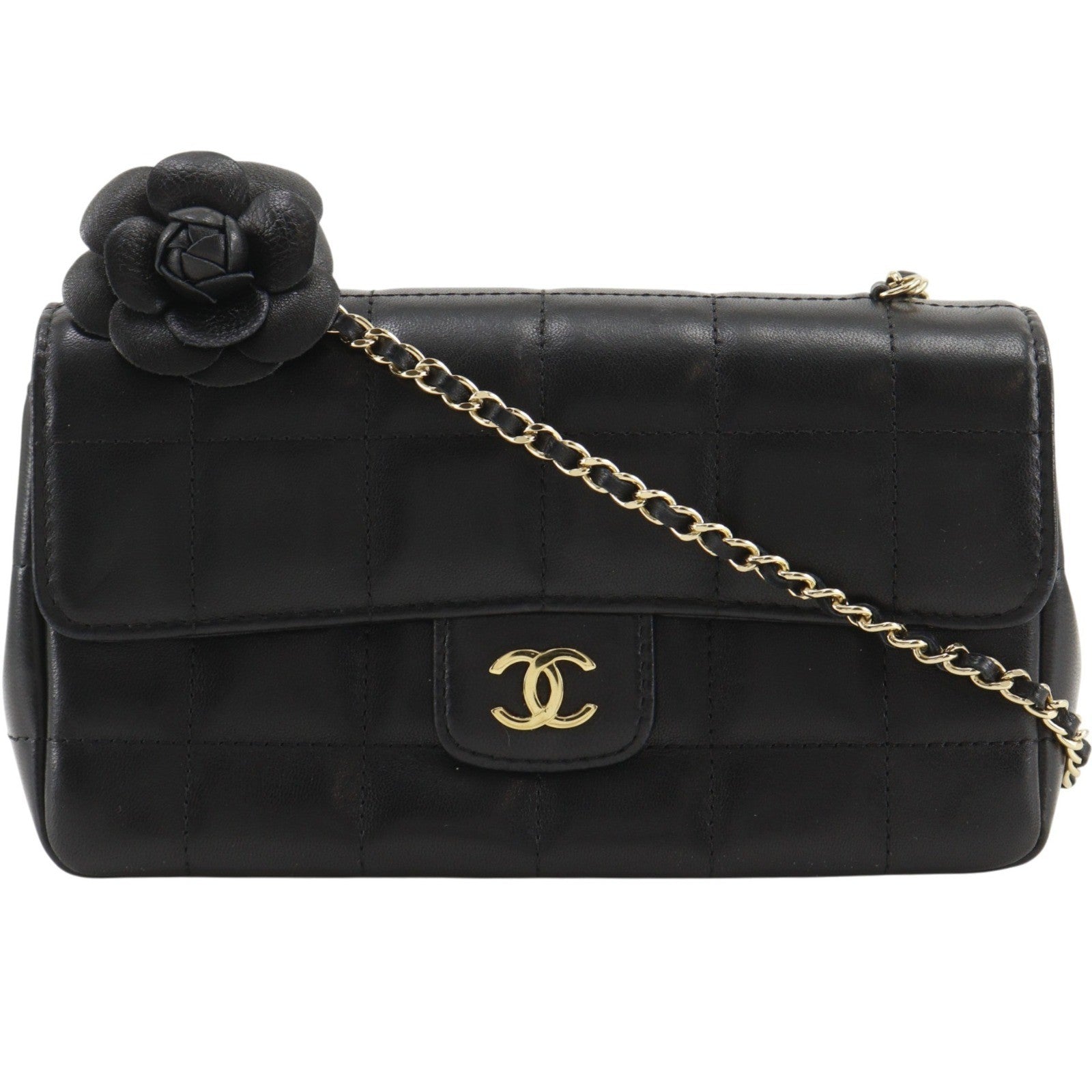 Chanel Chanel Camellia Chocolate Bar Flap Bag Quilted Lambskin Black Leather Shoulder Bag Bag (Pre-Loved)
