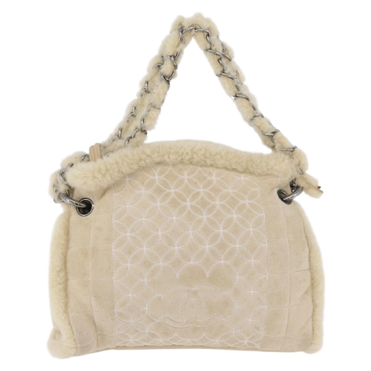 Chanel Vintage Embroidered Cc Chain Tote Quilted Suede And Shearling Beige Canvas Tote Bag Bag (Authentic Pre-Loved)
