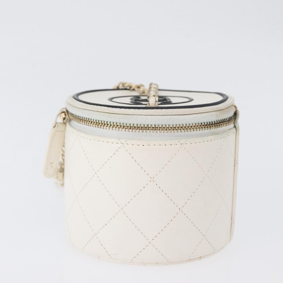 Chanel Cc Round Vanity Case With Chain Quilted Lambskin White Leather Clutche & Pouche Bag (Pre-Loved)