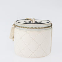 Chanel Cc Round Vanity Case With Chain Quilted Lambskin White Leather Clutche & Pouche Bag (Pre-Loved)