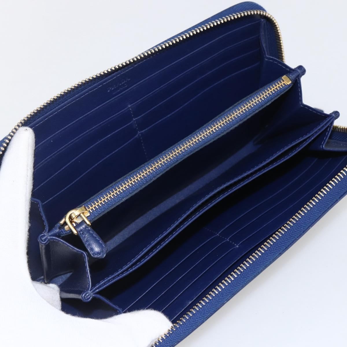 Prada Zip Around Organizer Wallet Saffiano Leather With Applique Blue Leather Wallets Accessory (Authentic Pre-Loved)