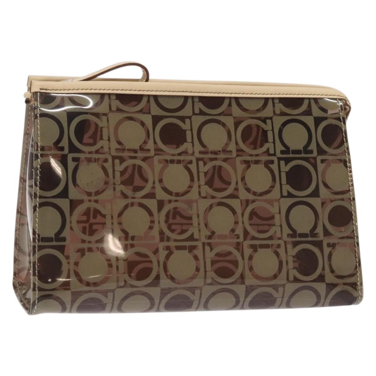 Salvatore Ferragamo Gancini Pouch Canvas Brown Vinyl Clutche & Pouche Bag (Authentic Pre-Loved)