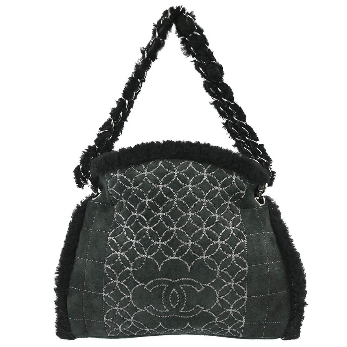 Chanel Vintage Embroidered Cc Chain Tote Quilted Suede And Shearling Black Suede Tote Bag Bag (Pre-Loved)