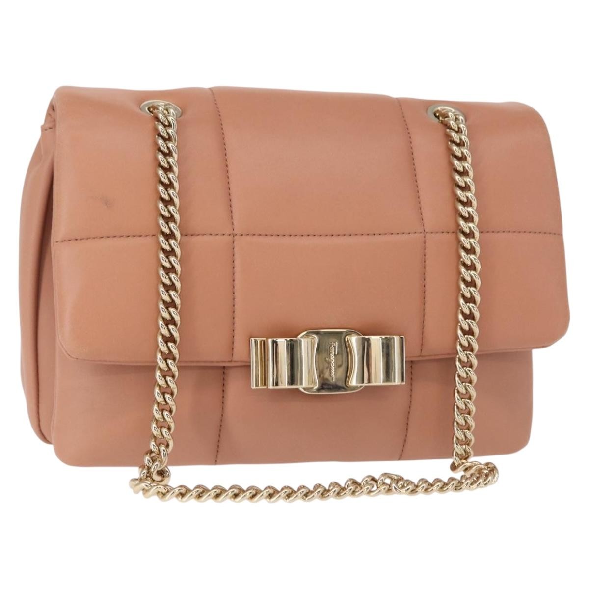 Salvatore Ferragamo Vara Soft Flap Bag Quilted Leather Pink Leather Shoulder Bag Bag (Authentic Pre-Loved)