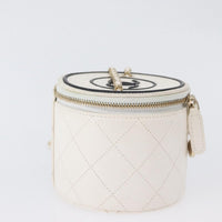 Chanel Cc Round Vanity Case With Chain Quilted Lambskin White Leather Clutche & Pouche Bag (Pre-Loved)