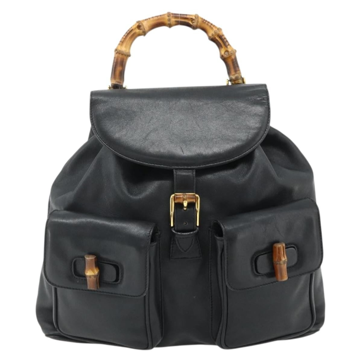 Gucci Vintage Bamboo Backpack Leather Black Leather Backpack Bag (Authentic Pre-Loved)