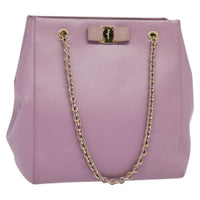 Salvatore Ferragamo Vara Bow Chain Tote Leather Purple Leather Tote Bag Bag (Authentic Pre-Loved)