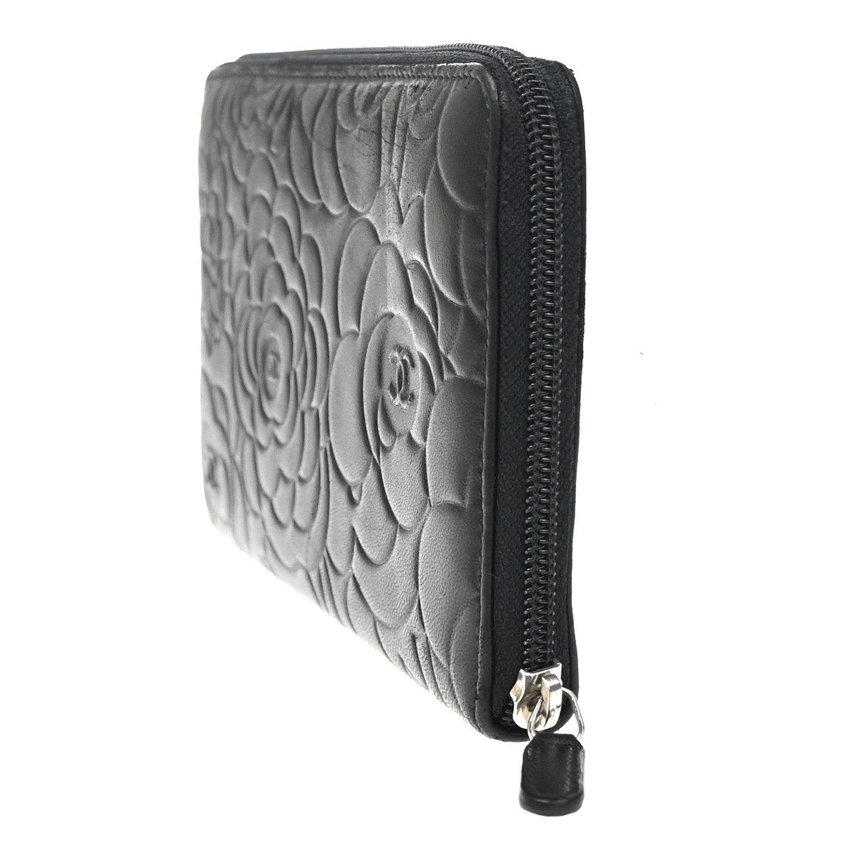 Chanel Camellia Zip Around Organizer Leather Black Leather Wallets Accessory (Authentic Pre-Loved)