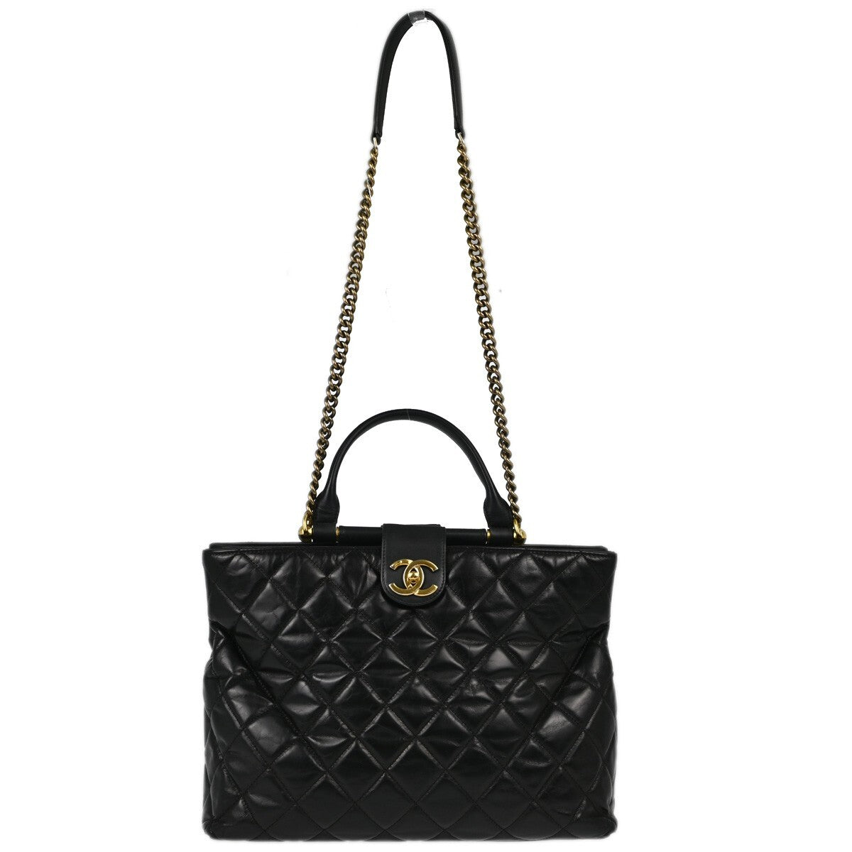 Chanel Gold Bar Tote Quilted Aged Calfskin Black Leather Tote Bag Bag (Authentic Pre-Loved)