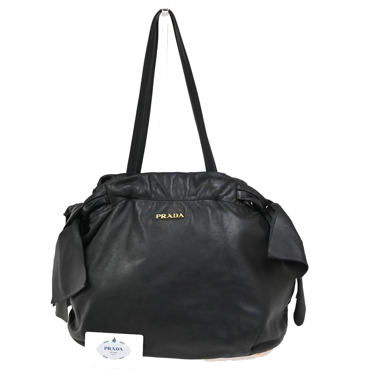 Prada Bow Tie Pleated Tote Leather Black Leather Shoulder Bag Bag (Pre-Loved)