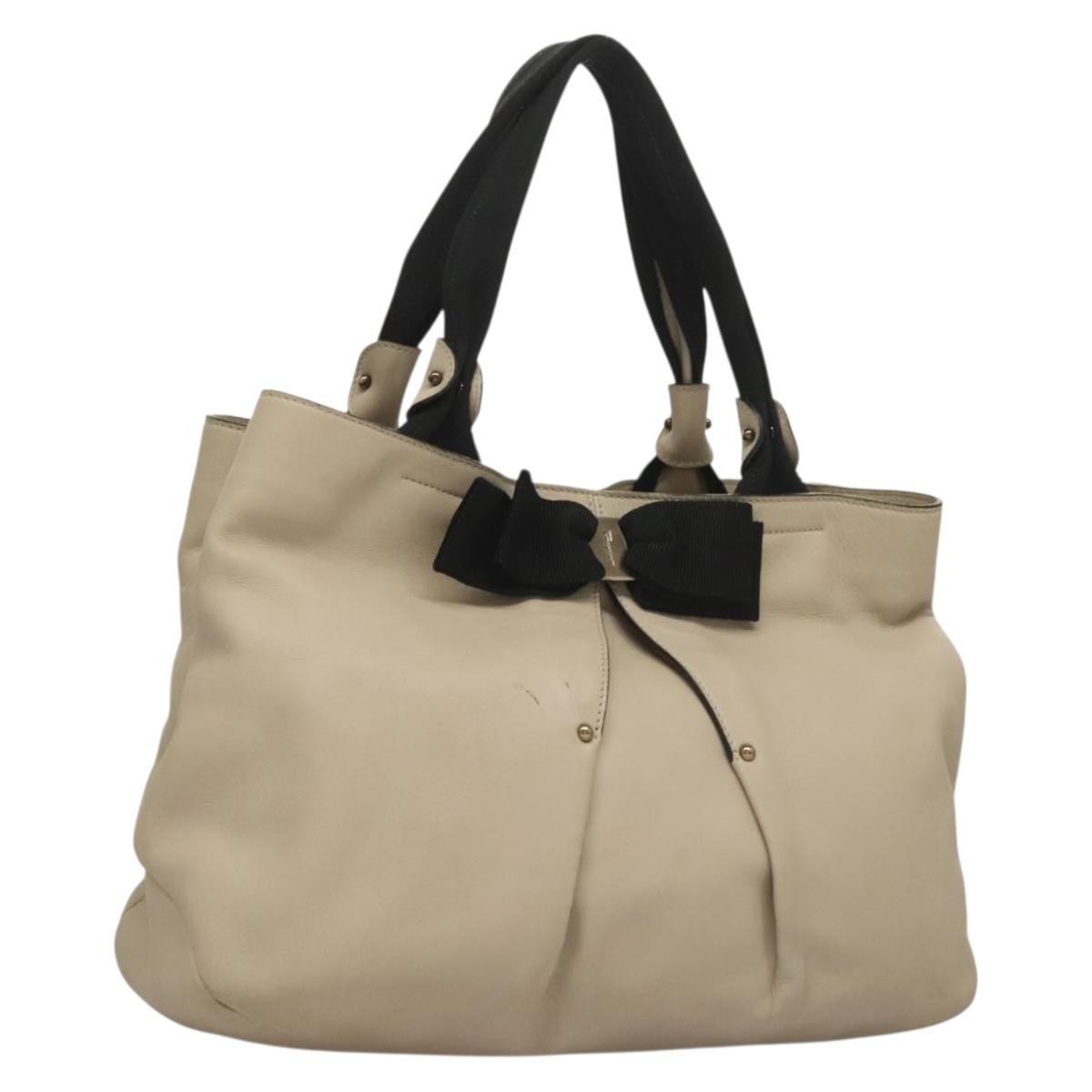 Salvatore Ferragamo Vara Bow Tote Leather Beige Leather Tote Bag Bag (Authentic Pre-Loved)