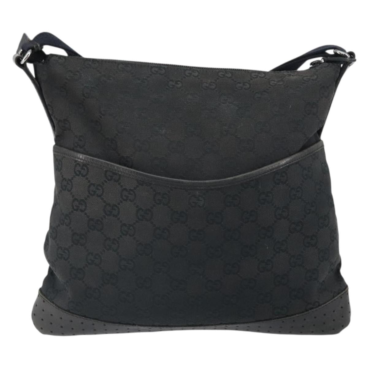 Gucci Zip Messenger Bag Gg Canvas With Perforated Leather Black Canvas Shoulder Bag Bag (Authentic Pre-Loved)