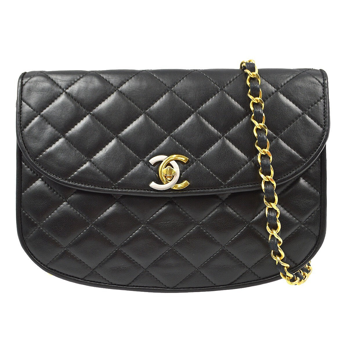 Chanel Vintage Round Flap Bag Quilted Lambskin Black Leather Shoulder Bag Bag (Authentic Pre-Loved)
