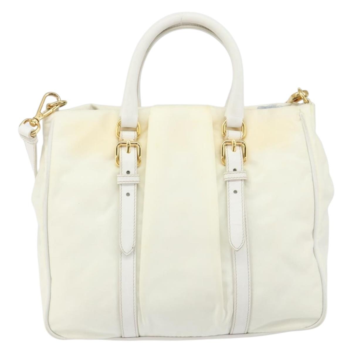 Prada Vintage Tote Tessuto With Leather White Nylon Tote Bag Bag (Authentic Pre-Loved)