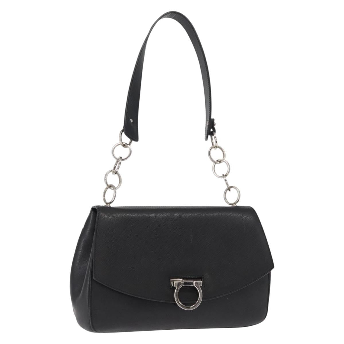 Salvatore Ferragamo Gancini Shoulder Bag Leather Black Leather Shoulder Bag Bag (Pre-Loved)