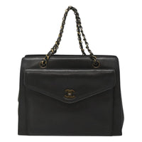 Chanel Chanel Vintage Front Pocket Chain Tote Leather Black Leather Shoulder Bag Bag (Pre-Loved)