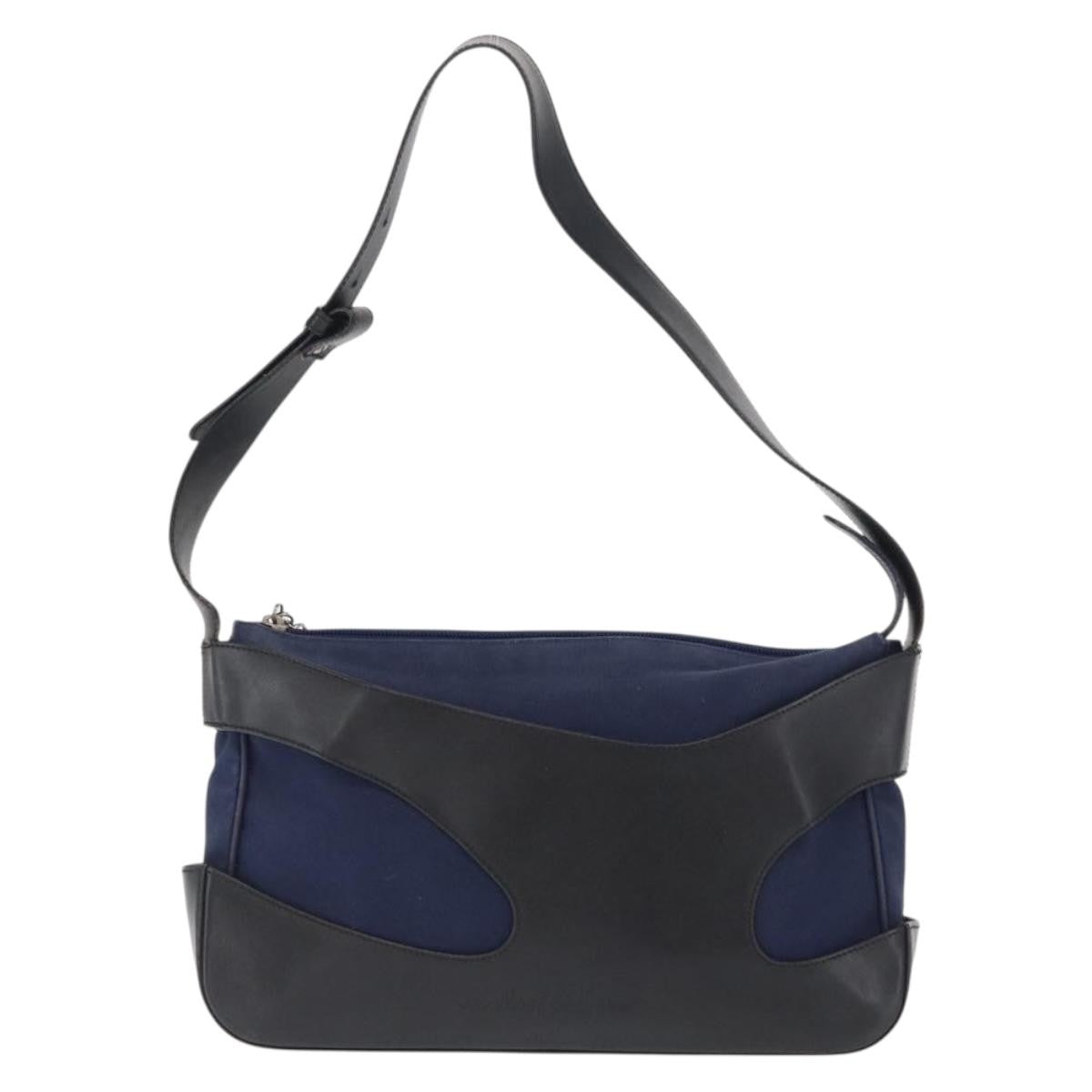 Salvatore Ferragamo Cut Out Shoulder Bag Canvas And Leather Navy Canvas Shoulder Bag Bag (Pre-Loved)