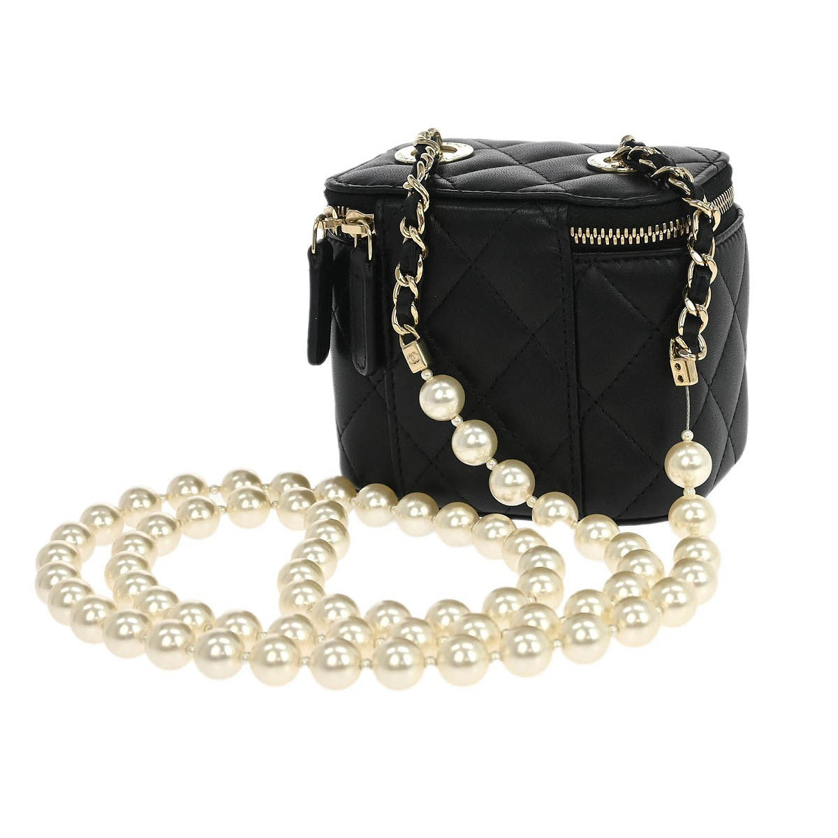 Chanel Vanity Case With Pearl Chain Quilted Lambskin Black Leather Shoulder Bag Bag (Authentic Pre-Loved)
