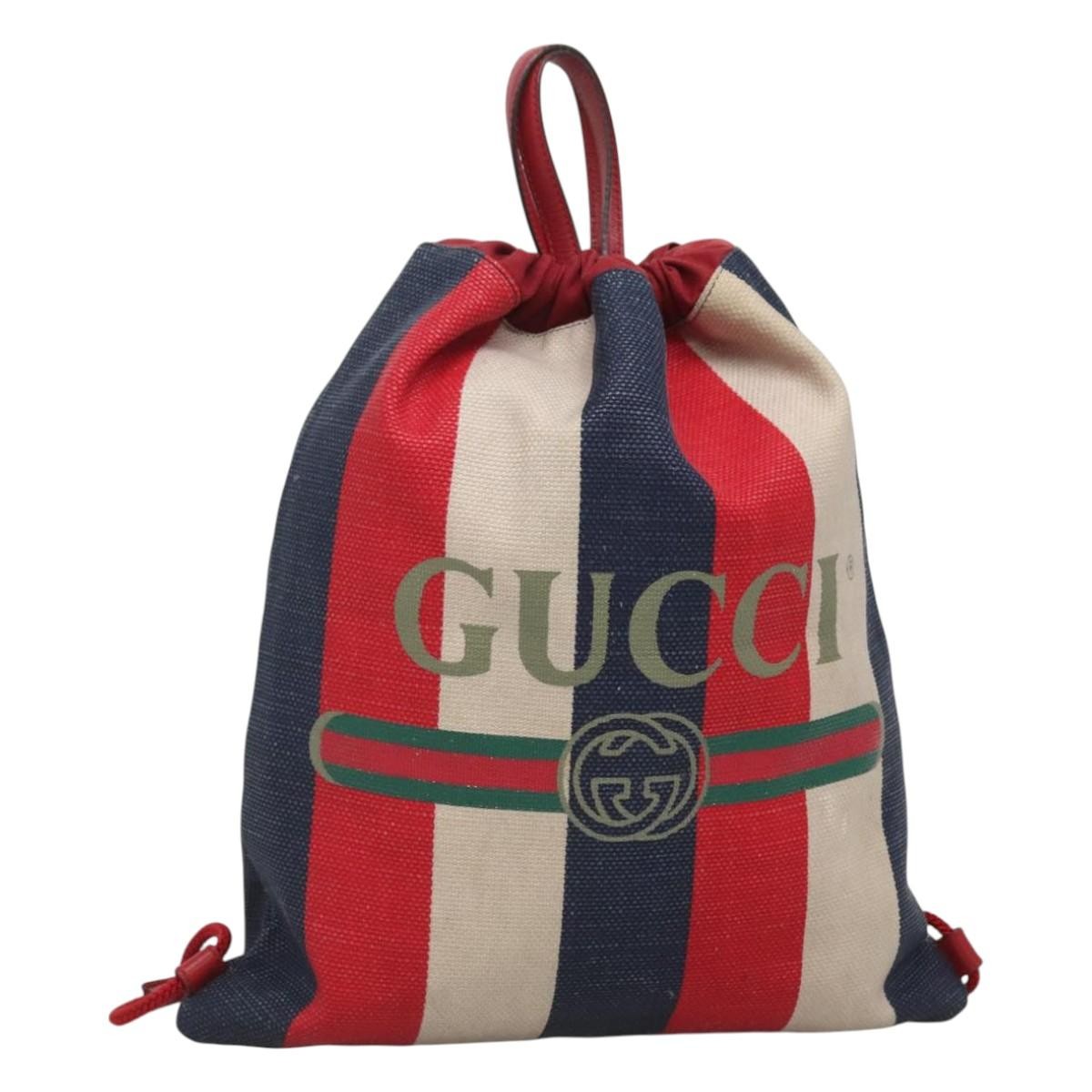 Gucci Logo Drawstring Backpack Striped Canvas Multicolour Canvas Backpack Bag (Authentic Pre-Loved)