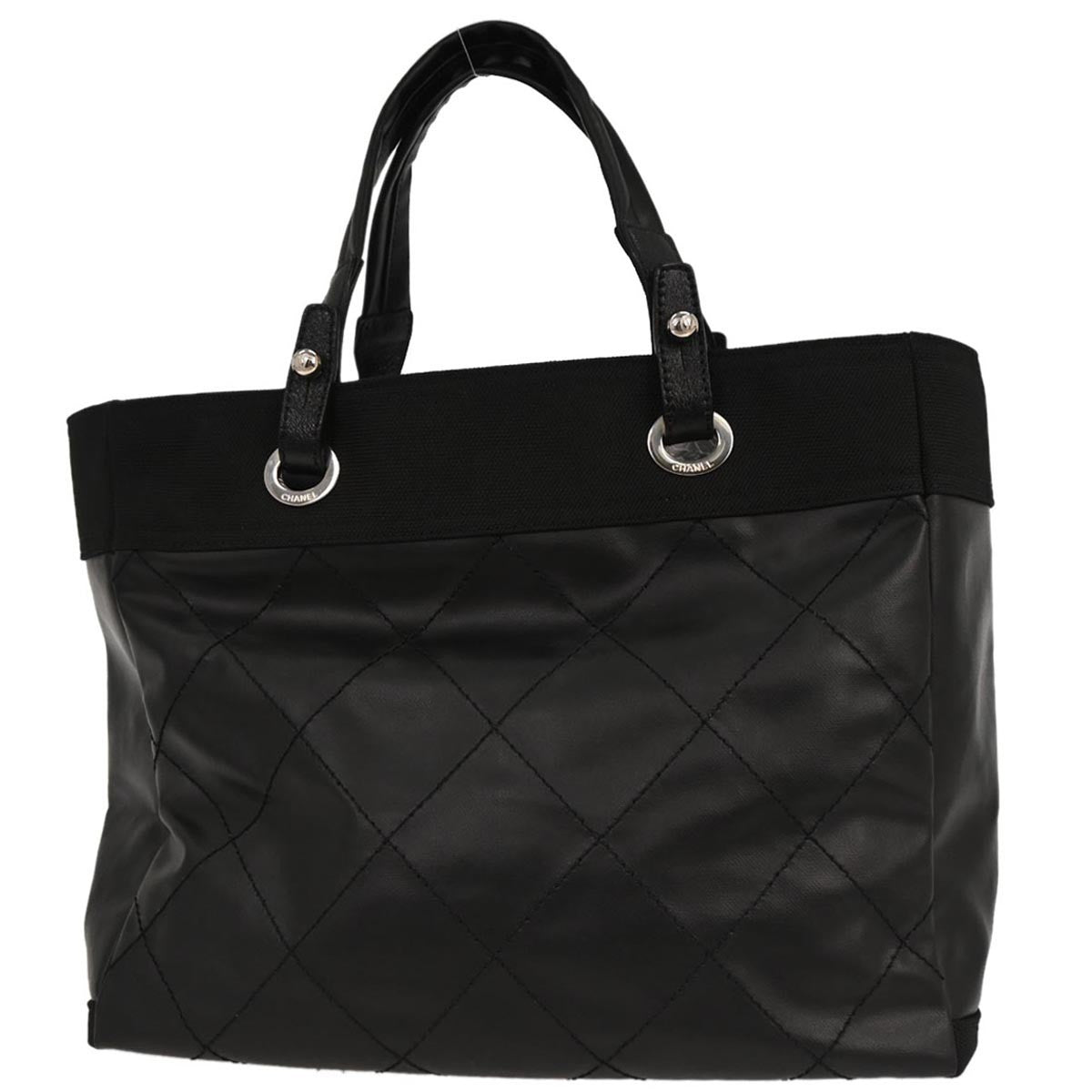 Chanel Biarritz Tote Quilted Coated Canvas Black Leather Tote Bag Bag (Authentic Pre-Loved)