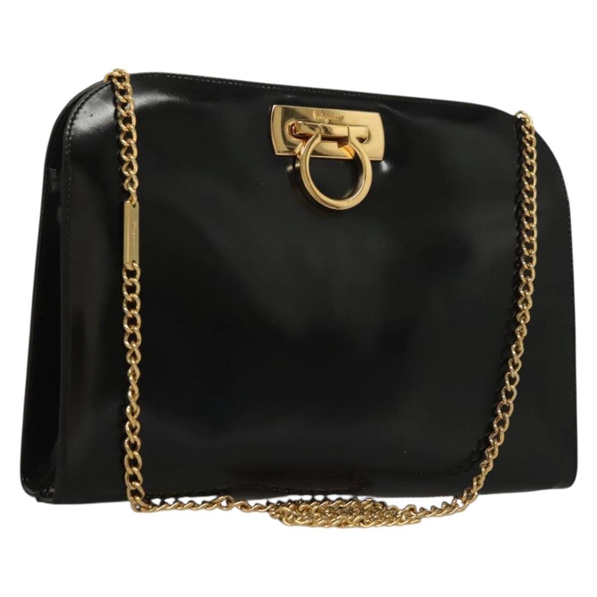 Salvatore Ferragamo Vintage Gancini Chain Shoulder Bag Patent Leather Black Patent_Leather Shoulder Bag Bag (Authentic Pre-Loved)