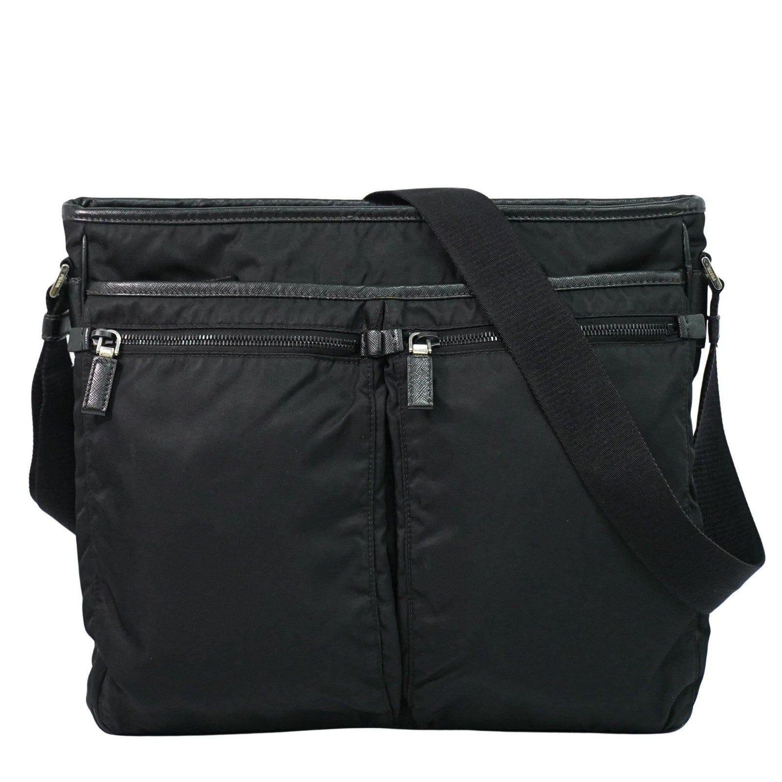 Prada Double Pocket Zip Messenger Tessuto Black Nylon Shoulder Bag Bag (Authentic Pre-Loved)