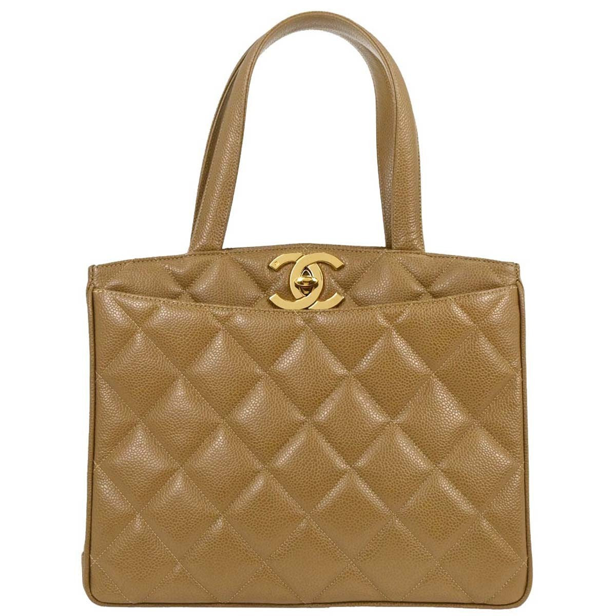 Chanel Vintage Cc Lock Pocket Tote Quilted Caviar Beige Leather Tote Bag Bag (Authentic Pre-Loved)