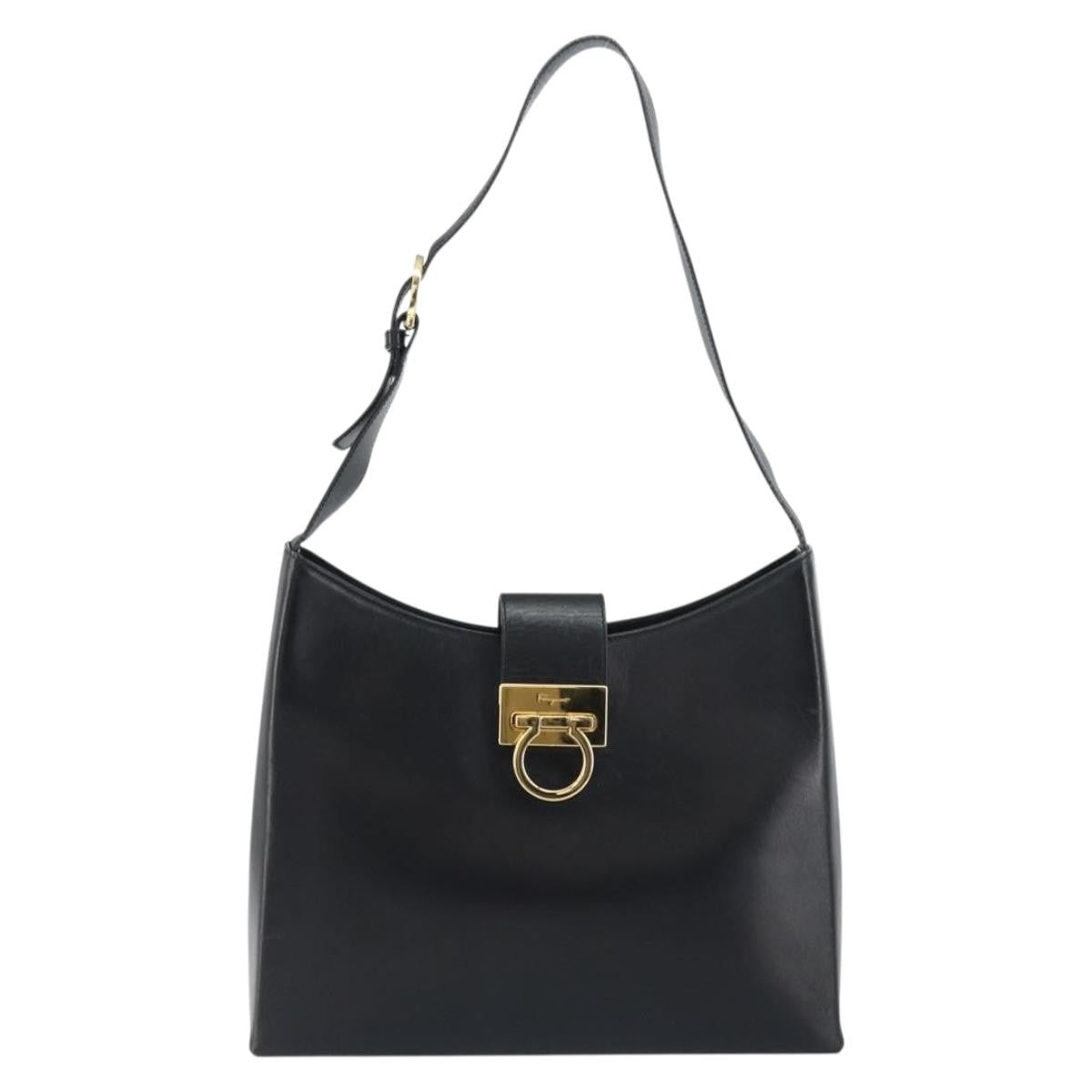 Salvatore Ferragamo Gancio Flap Hobo Leather Black Leather Shoulder Bag Bag (Authentic Pre-Loved)