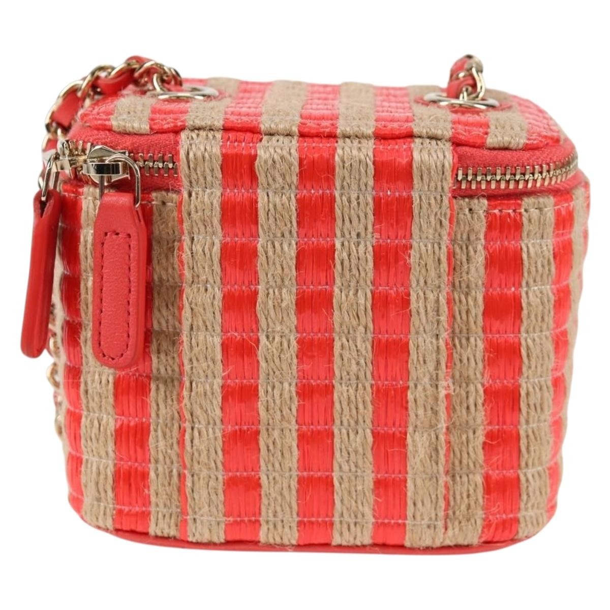 Chanel Classic Vanity Case With Chain Striped Raffia And Jute Red Canvas Shoulder Bag Bag (Authentic Pre-Loved)