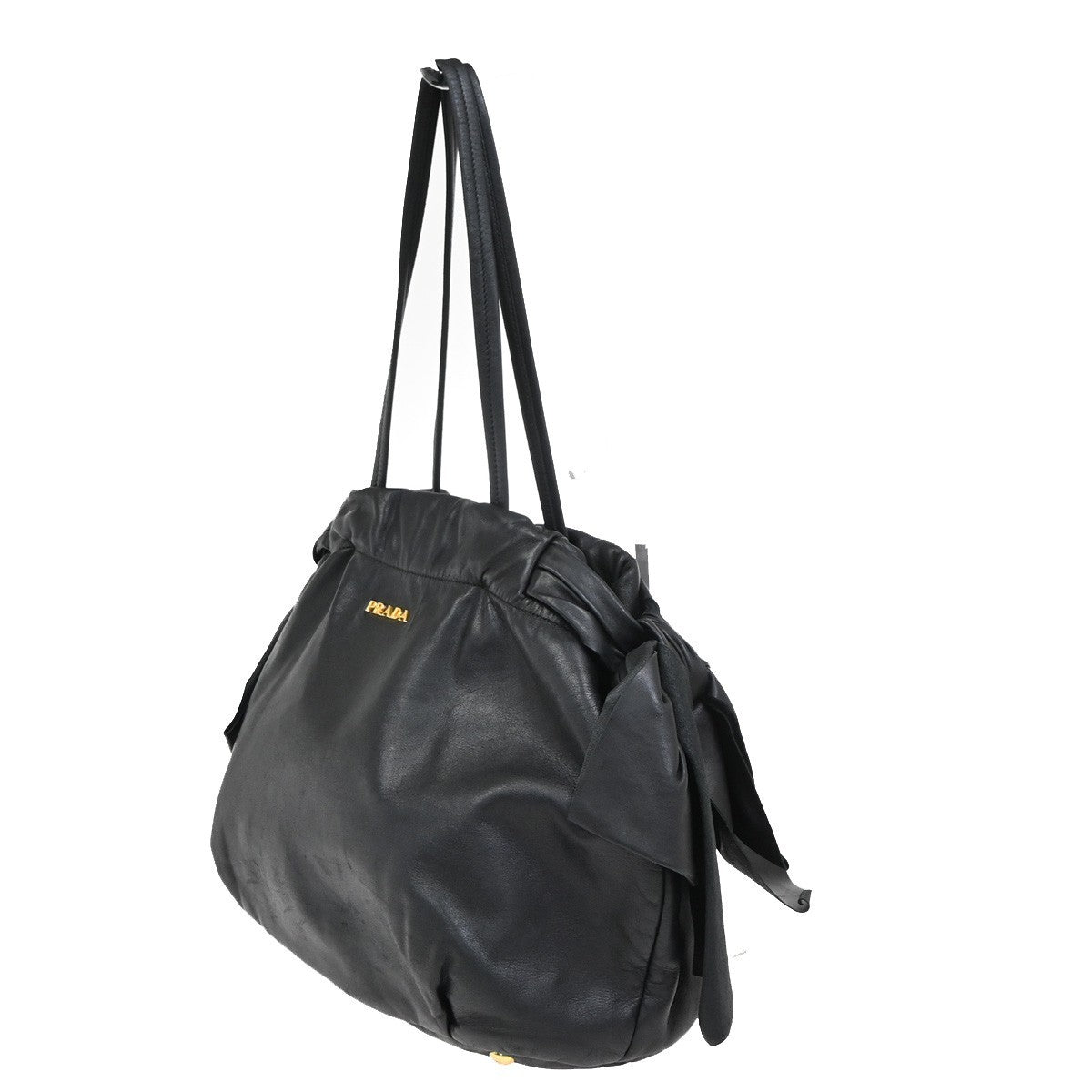 Prada Bow Tie Pleated Tote Leather Black Leather Shoulder Bag Bag (Pre-Loved)