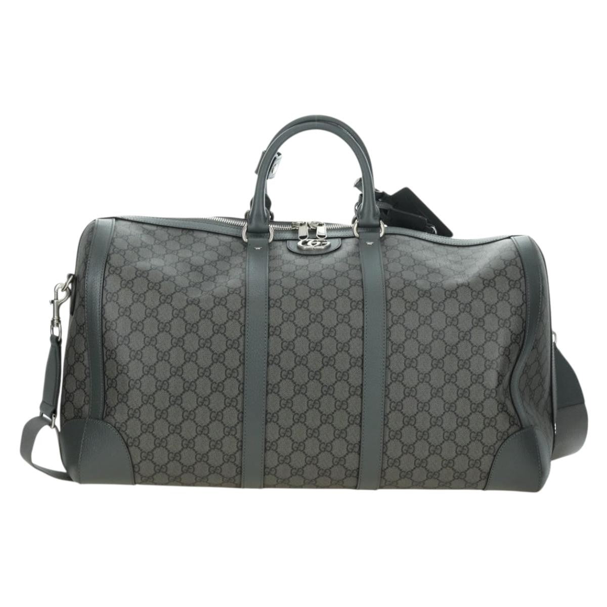 Gucci Web Trim Weekend Duffle Bag Gg Coated Canvas Gray Pvc Handbag (Authentic Pre-Loved)