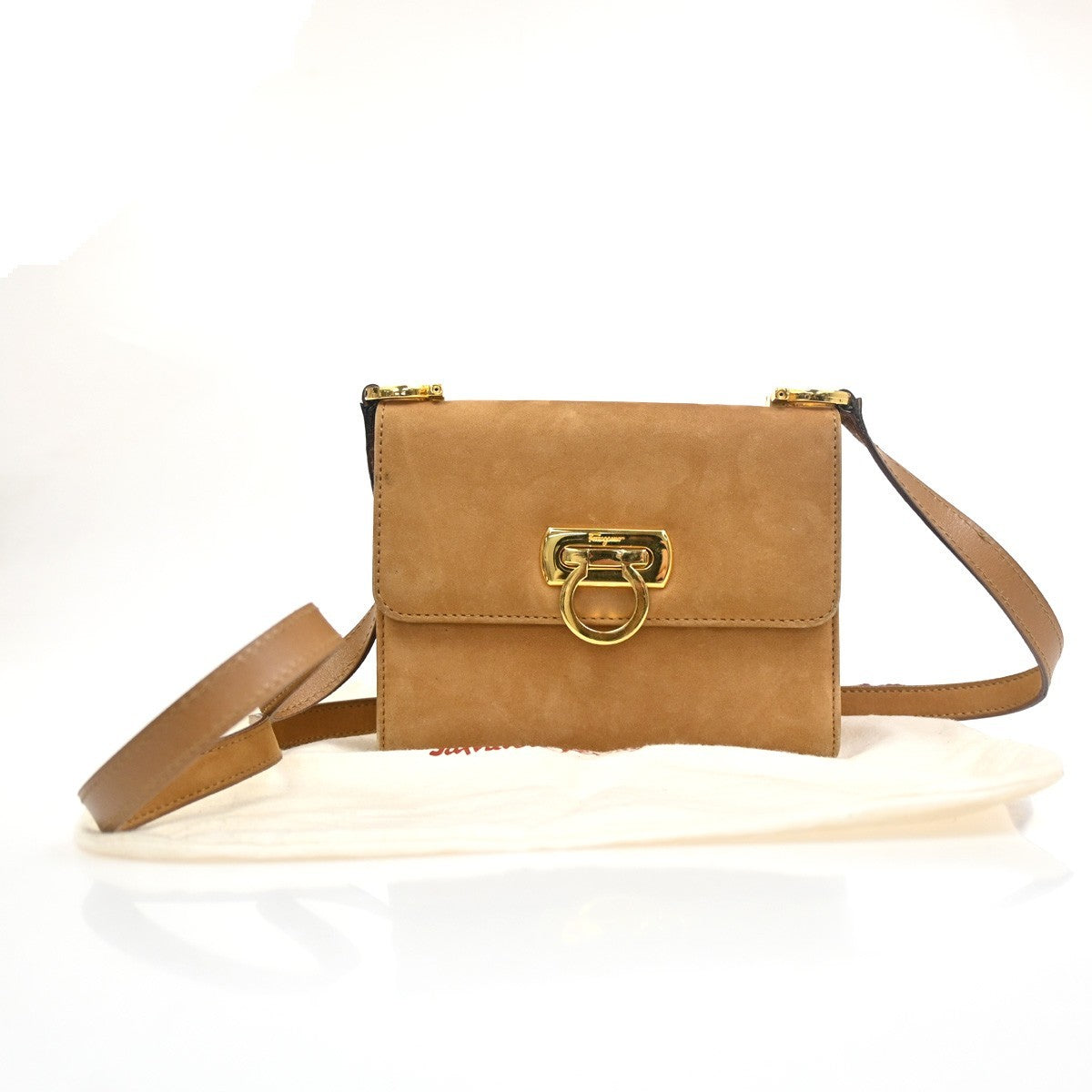 Salvatore Ferragamo Gancini Shoulder Bag Suede Brown Suede Shoulder Bag Bag (Authentic Pre-Loved)
