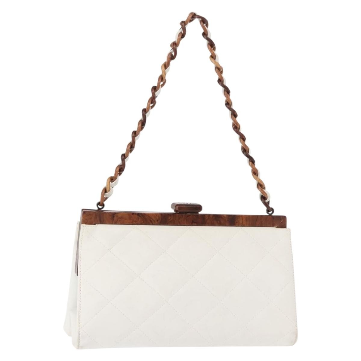 Chanel Wooden Frame Striped Shoulder Bag Leather White Leather Shoulder Bag Bag (Pre-Loved)