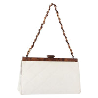 Chanel Wooden Frame Striped Shoulder Bag Leather White Leather Shoulder Bag Bag (Pre-Loved)