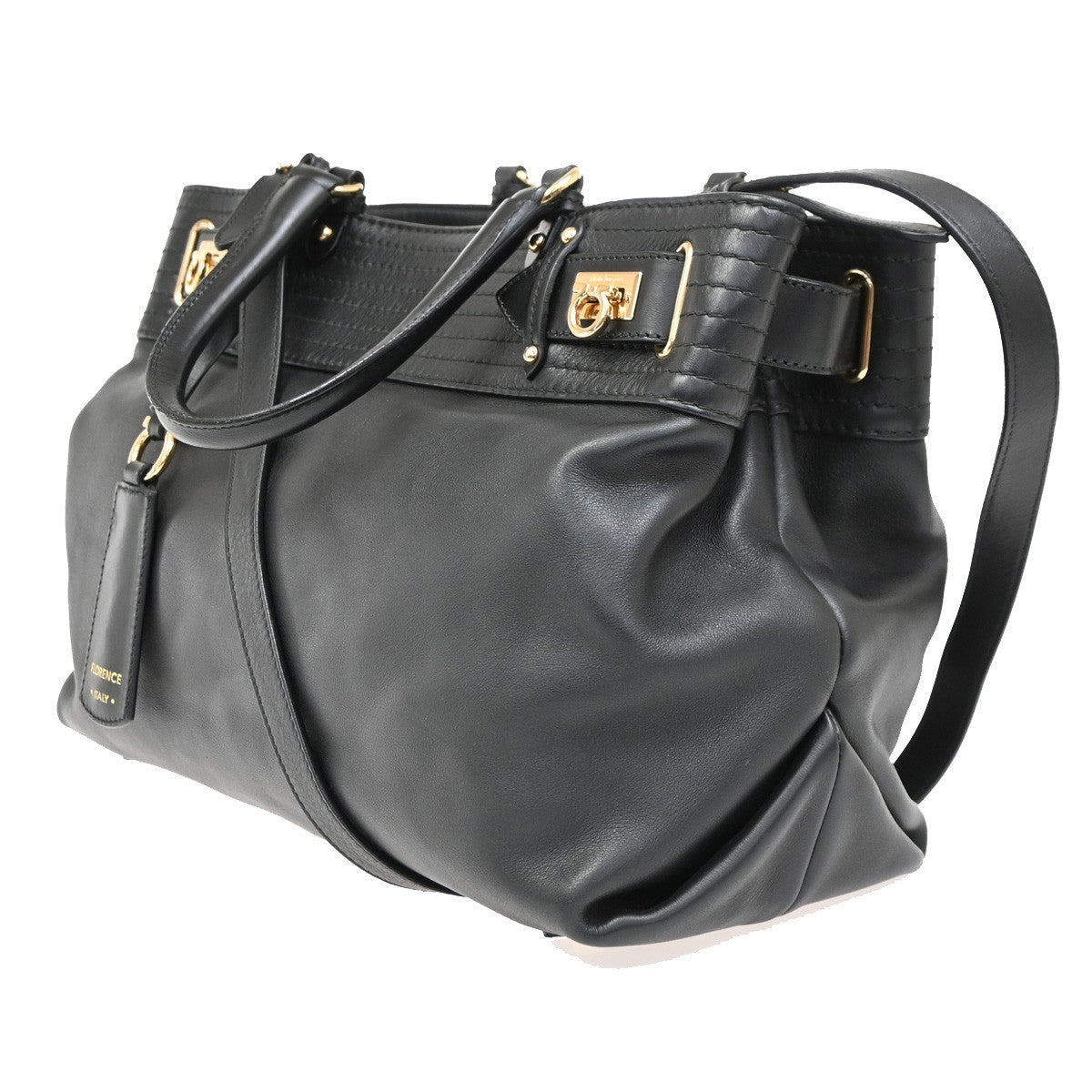 Salvatore Ferragamo Gancini Tote Leather Black Leather Tote Bag Bag (Authentic Pre-Loved)