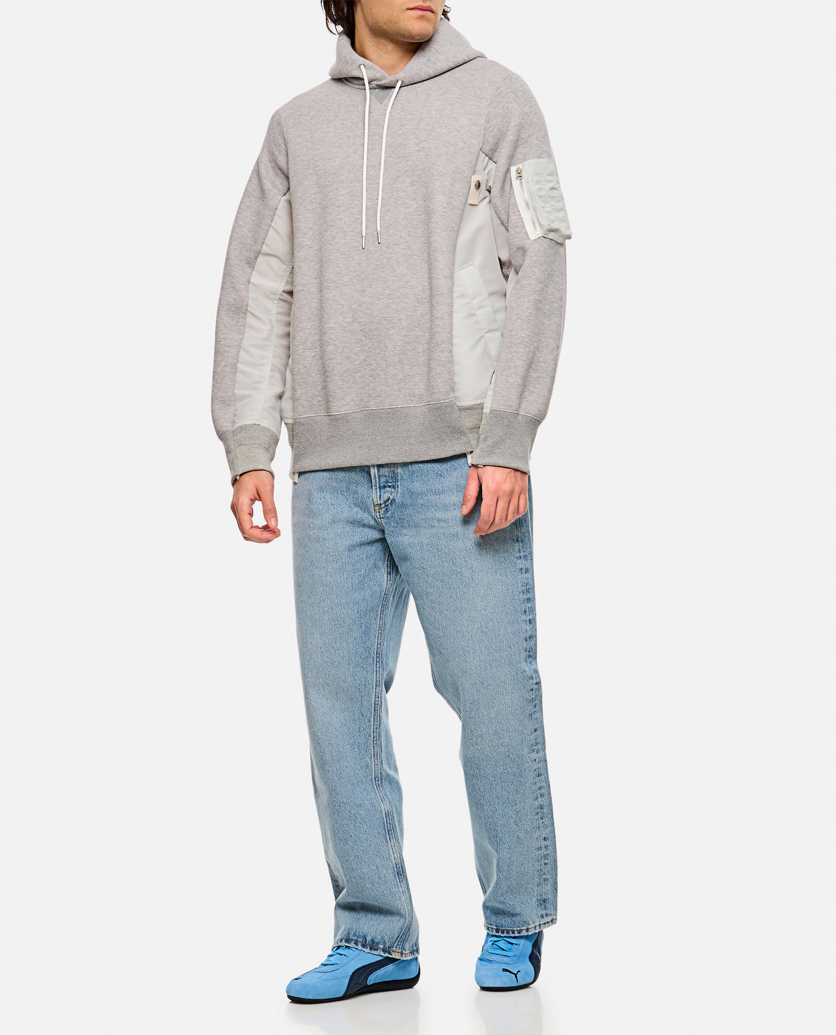 Sacai Men Terry Sweatshirt With Twill And Nylon Hood